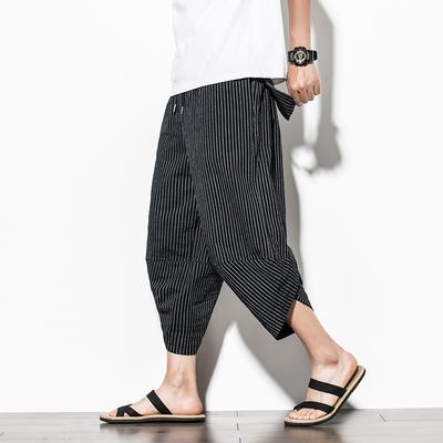 Harajuku Casual Wide Leg Harem Pants Men 2024 Summer Cotton Baggy Pants Striped Calf Length Trousers