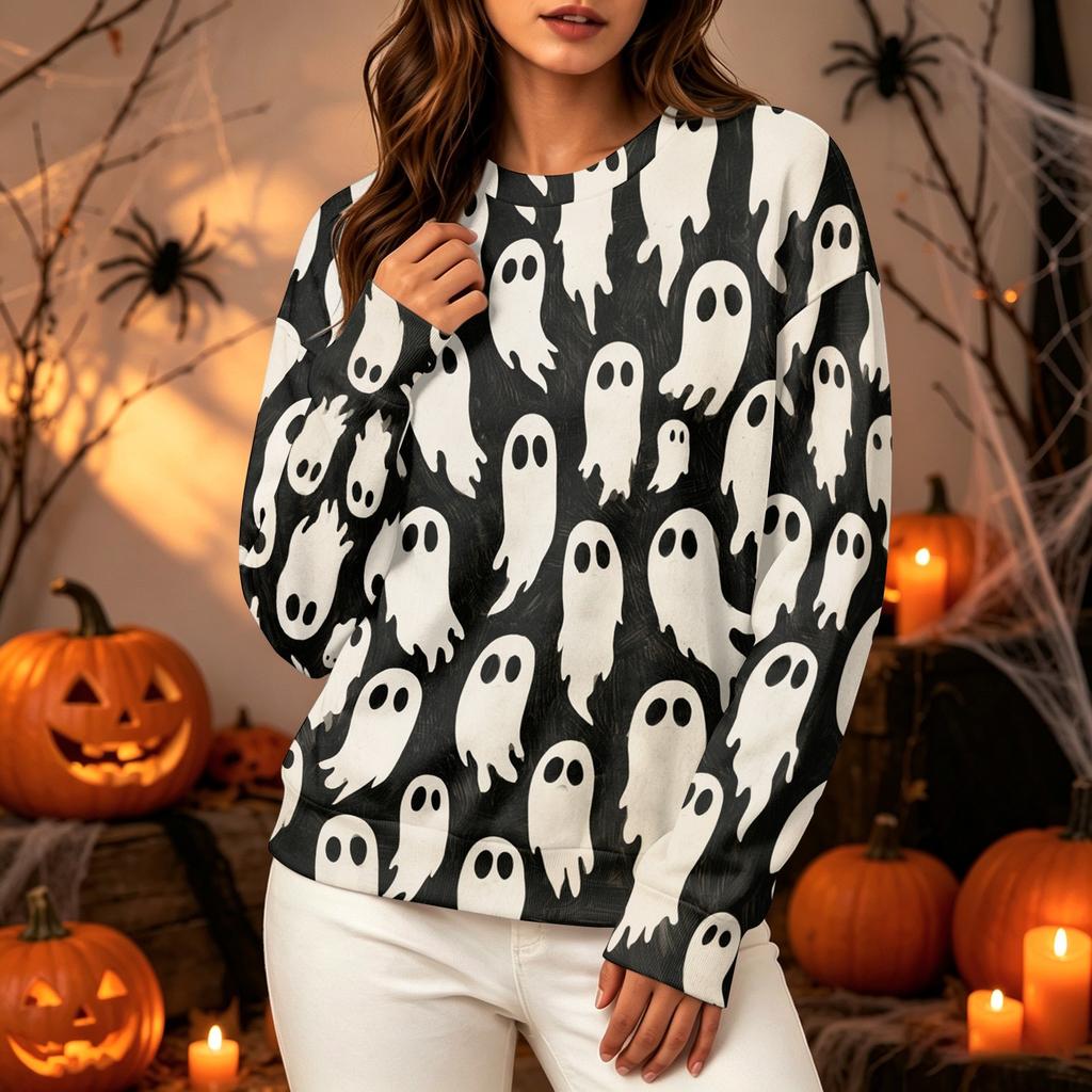 Women's Casual Long Sleeve Halloween Print Crewneck Sweatshirt
