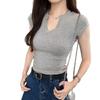 Pure cotton small V-neck short-sleeved T-shirt women's elastic, slim and thin running sports fitness cycling top summer