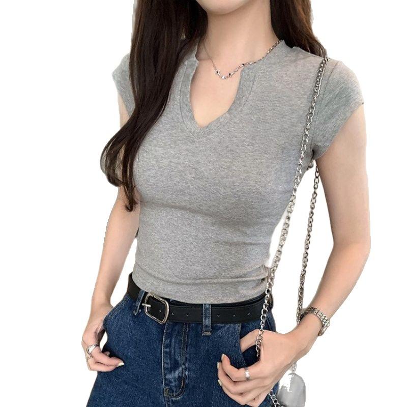 Pure cotton small V-neck short-sleeved T-shirt women's elastic, slim and thin running sports fitness cycling top summer