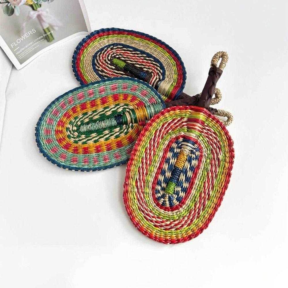 Vintage Seagrass Woven Fan Colorful Striped Patterns Summer Cooling Fan  Home Decoration