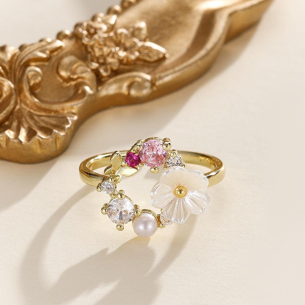 Creative Sweet Garland Micro-inlay Zircon Butterfly Flowers Pearl Open Rings for Women Exquisite Stainless Steel Finger Jewelry