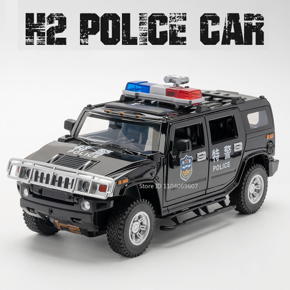 1:24 Scale H2 Police Car Toy Miniature Models Alloy Diecast Doors Opened Pull Back Sound Light SWAT Vehicle Gifts for Boys