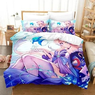 Anime Genshin Impact Sangonomiya Kokomi Bedding Set Printed With Pillowcase Bed Duvet Cover Soft Queen King Size Bedclothes Home