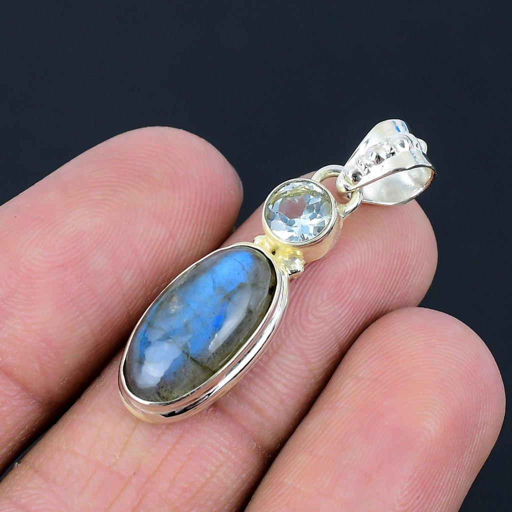 Natural Labradorite Gemstone Pendant, 925 Sterling Silver, Blue Topaz Gemstone, Handmade Pendant Jewelry Gift For Valentine's Day