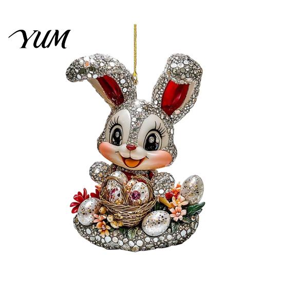 Decorative Rabbit for Home Window Easter Bunny Acrylic Pendant, Cute with Basket, 2D Car Charm Rearview Mirror Hanging Ornament, Bag Keychain