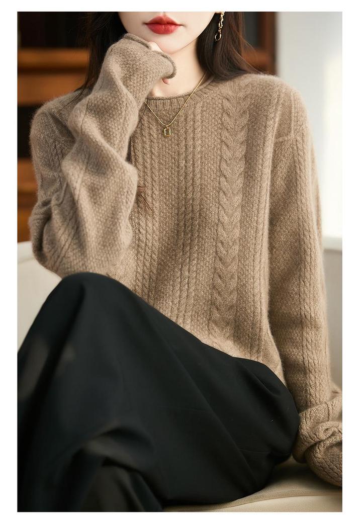 Women's 100% Pure Wool Round Neck Cable Knit Sweater - Thickened, Rolled Edge, Loose Fit for Autumn & Winter