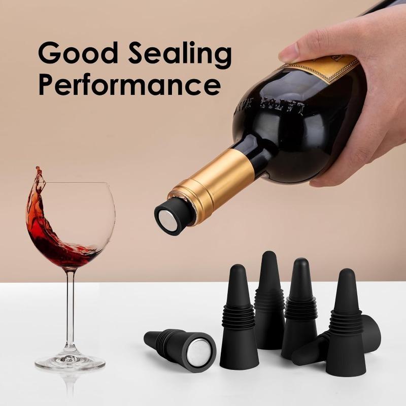 6PCS Black Silicone Wine Bottle Stopper with Threaded Seal Ring and StainlessTop, Suitable for Wine Bottles