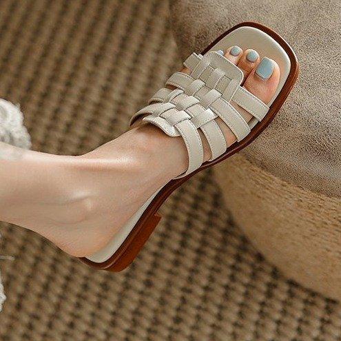 Women's Roman Shoes, Women's Summer One-piece Cool Slippers, Women's Flat Bottomed Soft Leather Slippers, Women's Outdoor Wear, Flat Heel