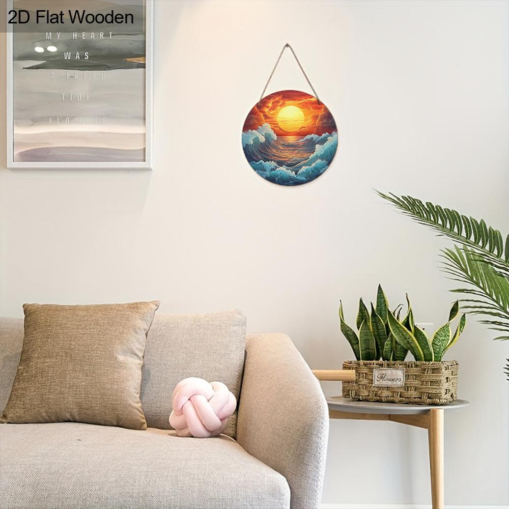 Sunset Ocean Waves Round Wooden Hanging Sign, 2D Flat Printed Seascape Wall Door Ornament, Coastal Home Decor Gift