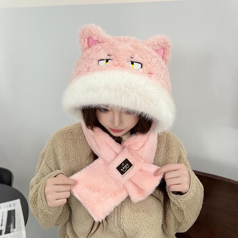 

Уютный комплект шапка с кошачьими ушками и шарф: Ветрозащитный, Теплый, Защищающий уши для женщин на осень/зиму светло-розовый