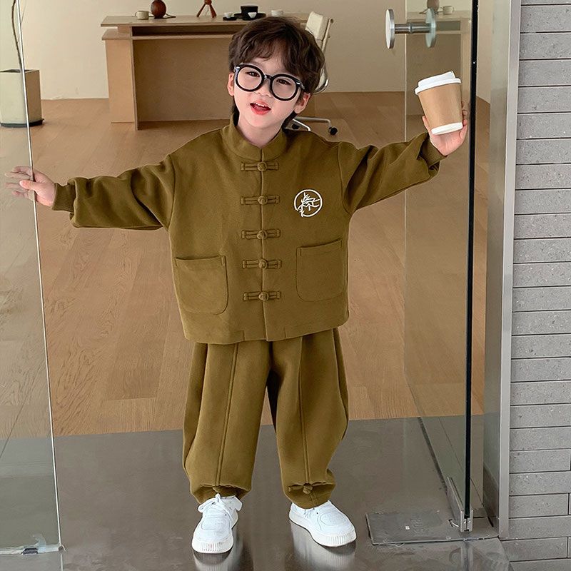 Conjunto de Dos Piezas para Bebé Niño Abrigo Infantil Color Sólido Estilo Chino Top y Pantalones Casuales