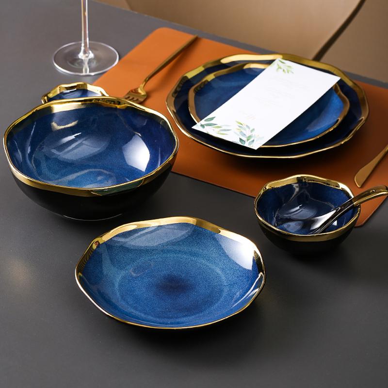 Creative Irregular Ceramic Plate Bowl Nordic Blue Glaze Irregular Golden Edge Steak Plate Main Dish Plate Household Tableware