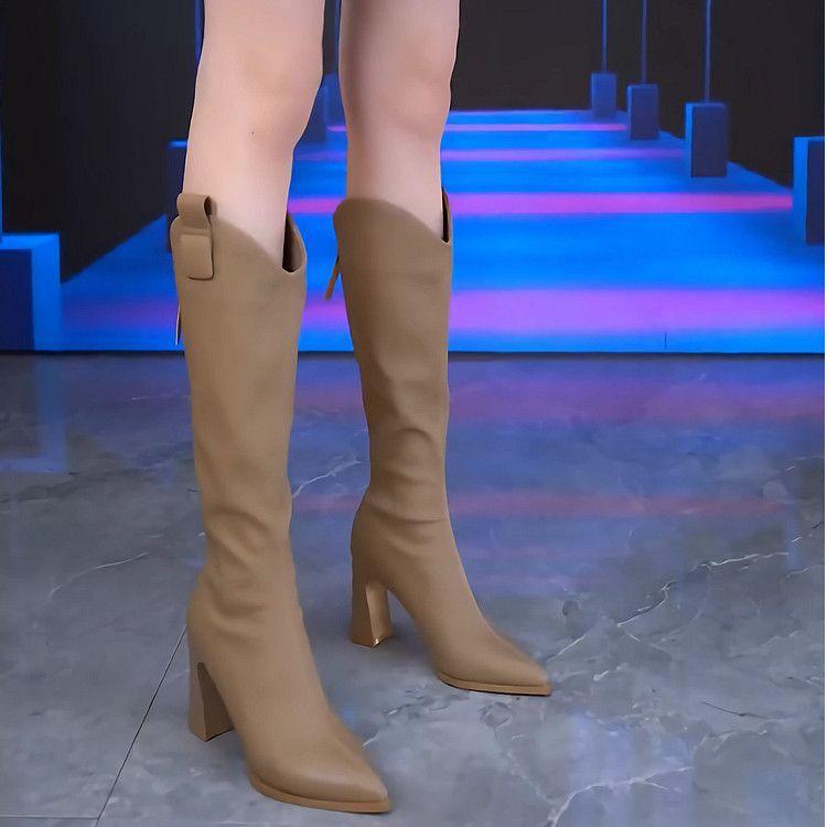 Markenschuhe braun aber kniehohe Stiefel mit Absatz Damen 2025 Herbst und Winter spitz zulaufender dicker Absatz Reißverschluss hinten Mode lange Schaftstiefel
