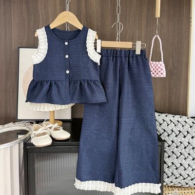 Girls' Denim-Style Casual Set Medium-Large Child Size Summer Sleeveless Tank Top + Wide-Leg Pants Two-Piece Set