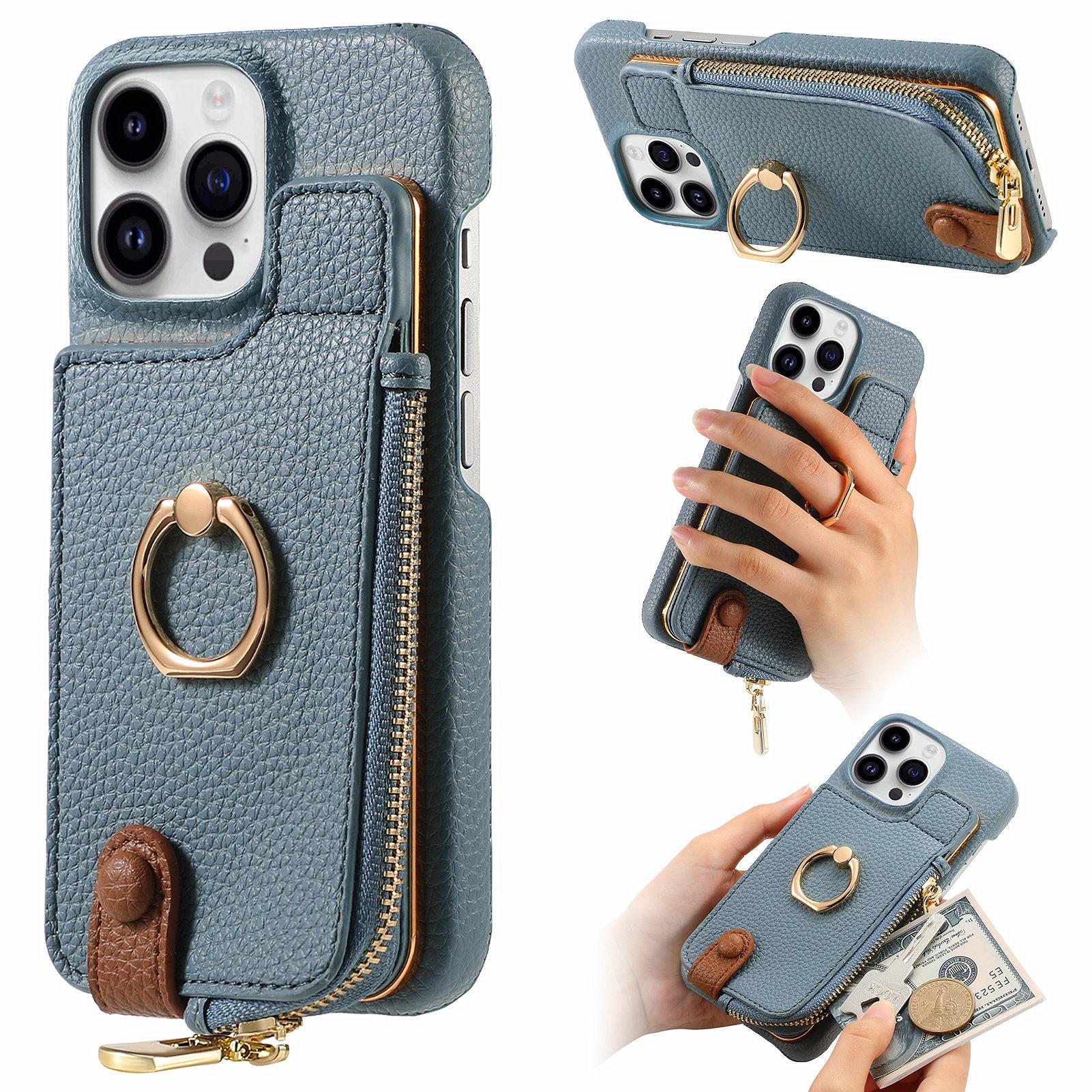 

Y3 For iPhone 16 Pro Case Card Holder Kickstand Leather+TPU Phone Cover with Zipper Pocket Blue