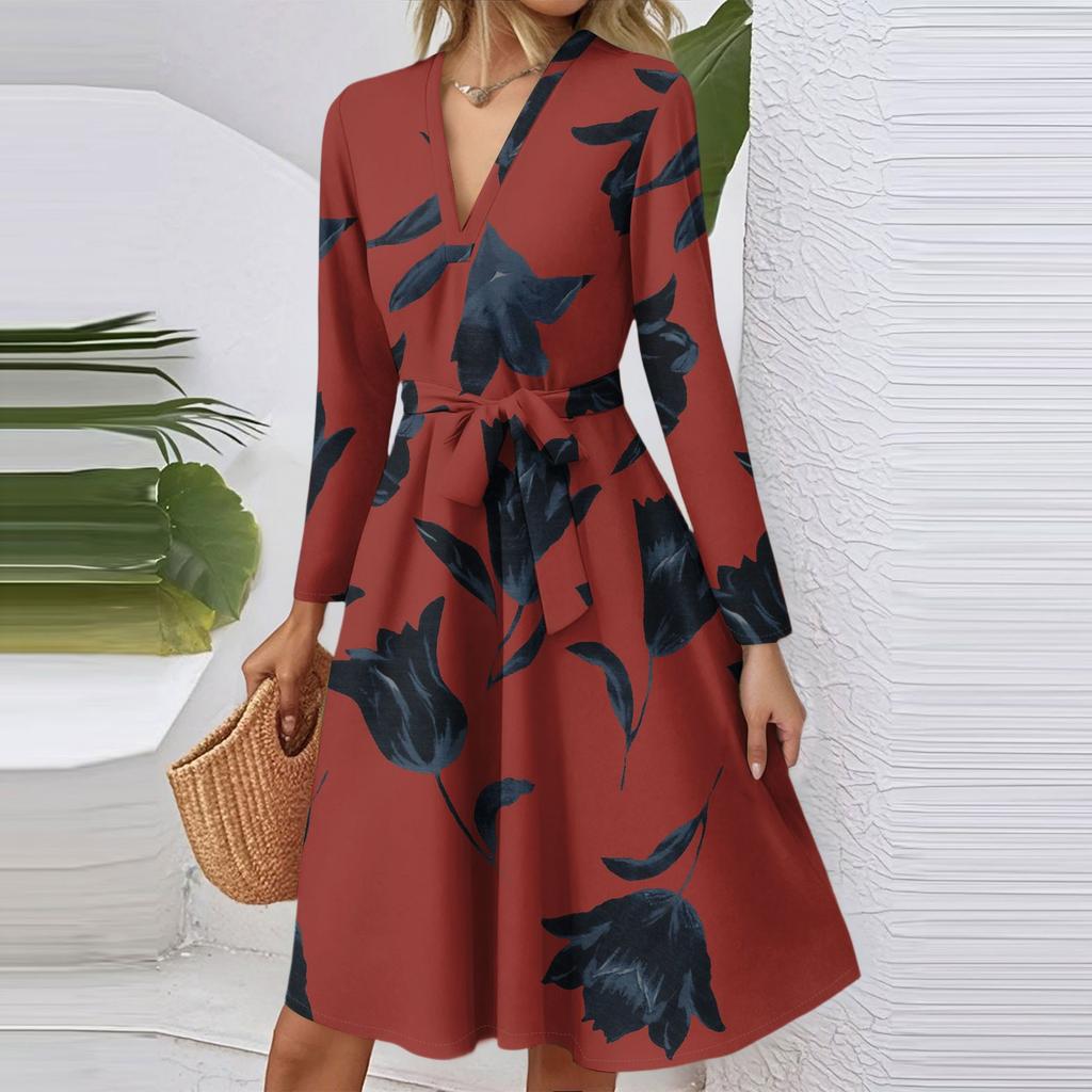 Women's Fashion Casual V-Neck Long Sleeve Waist Floral Print Midi Dress