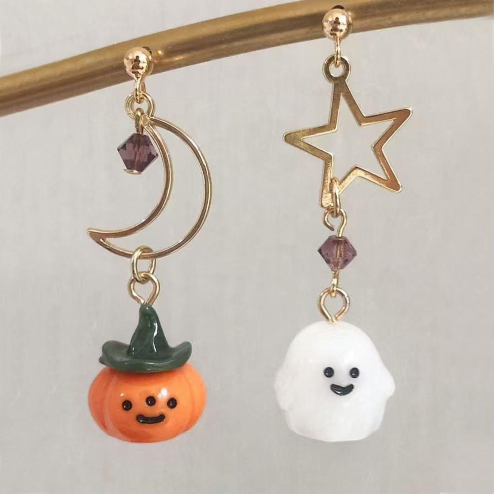 Cute Cartoon Ghost Pumpkin Dangle Earrings for Women Star Moon Asymmetrical Long Tassel Earrings Party Halloween  Gift