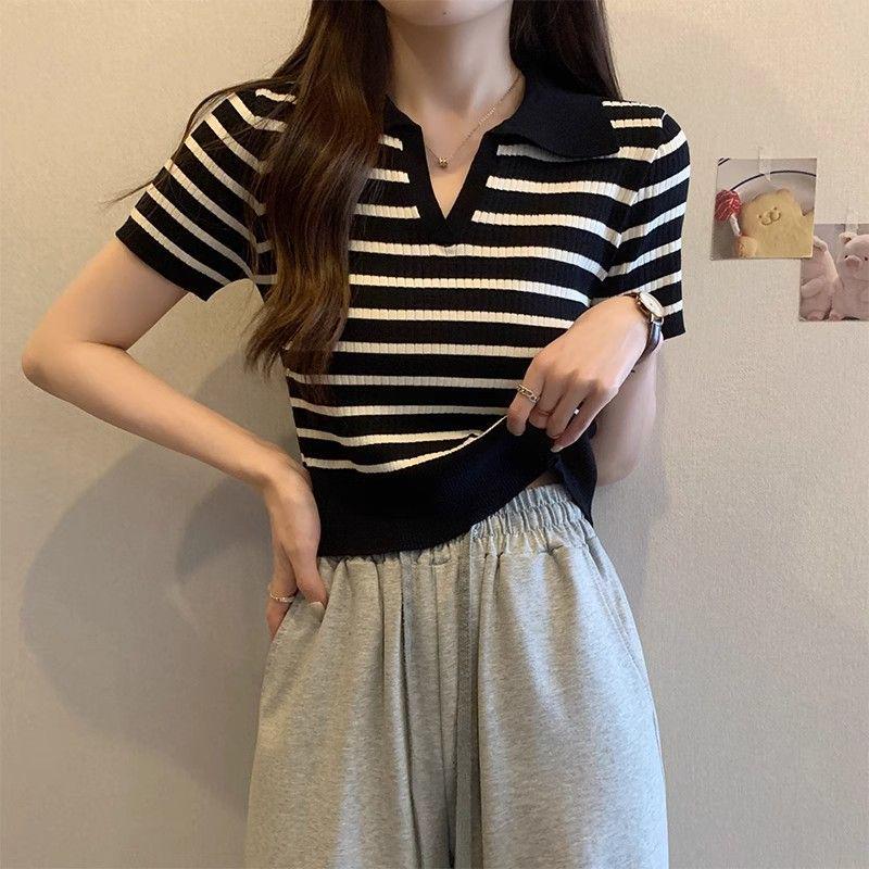 Women's 2025 Striped Ice Silk Knitted Polo Collar Short Sleeve Slim Top