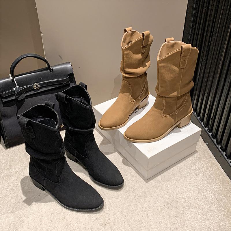 European and American Large-size Women's Martin Boots Women's 2025 Autumn and Winter New Pointed Sleeve Square Heel Medium Tube Boots