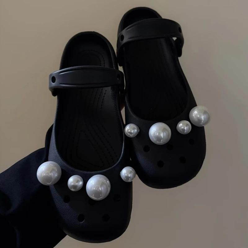 Pearl Bow & Polka Dot Shoe Charms Set, Elegant Black & White Floral Decorations with Rhinestone, Luxury Shoe Accessories