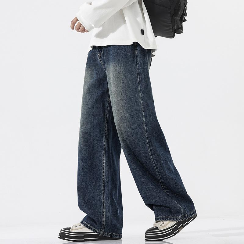 American Semi-Elastic Waist High Street Jeans Men's Loose Straight Wide Leg Pants