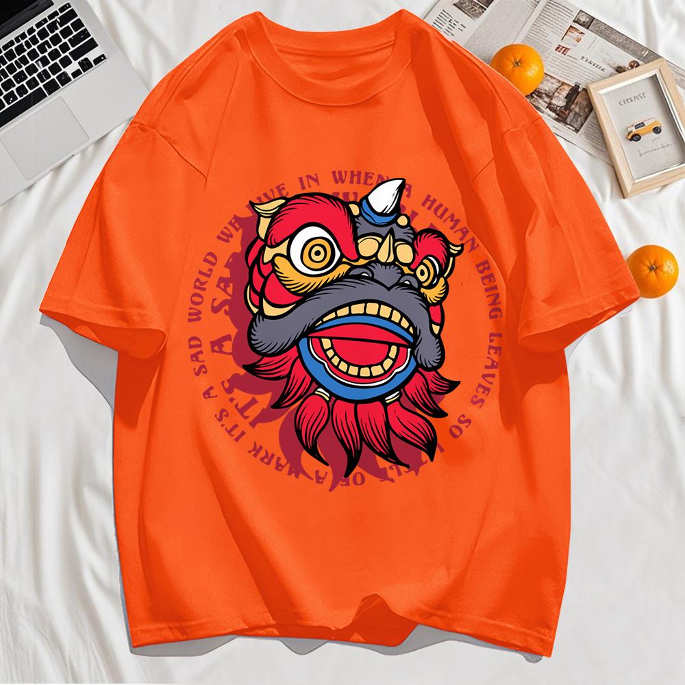 Energetic Dancing Lion Head Prints Mens T-Shirt Hip Hop O-Neck Short Sleeve Cotton Casual T Shirt Oversized Summer Top