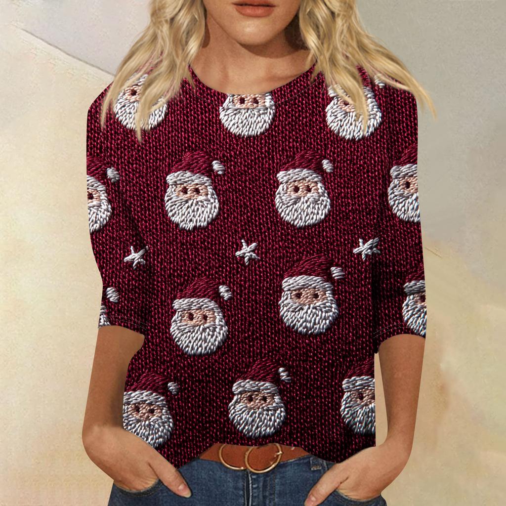 Women's Fashion Casual Round Neck 3/4 Sleeve Loose Printed T-Shirt Ladies Top