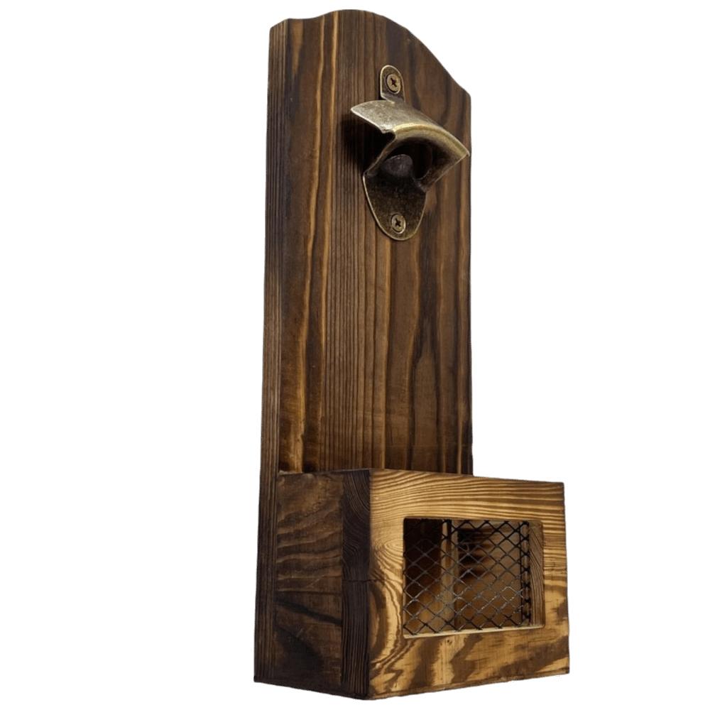 Wall Mounted Wooden Bottle Opener Vintage with Cap Catcher Bottle Opener 2-in-1 Opener Catcher Wooden Beer Opener