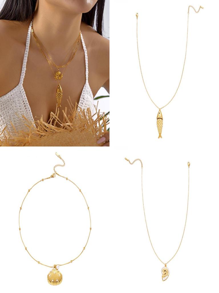 Ocean Style Stainless Steel Necklace With Shell Beads And Animal For Women And Men