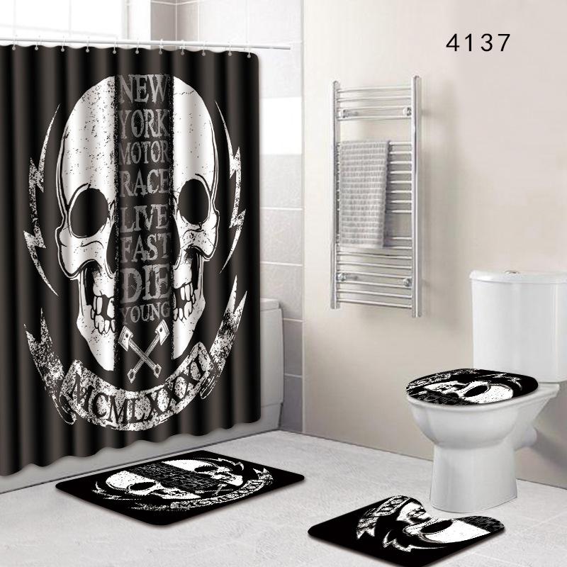 Skull Bathroom Shower Curtain Floor Mat Toilet Cover Foot Pad Four-Piece Pattern Size Fixed Zhi