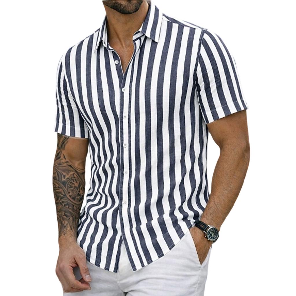 Men's Linen Short Sleeve Shirt Striped Button Down Casual Lightweight Breathable Open Front Collared Top for Summer Daily Wear