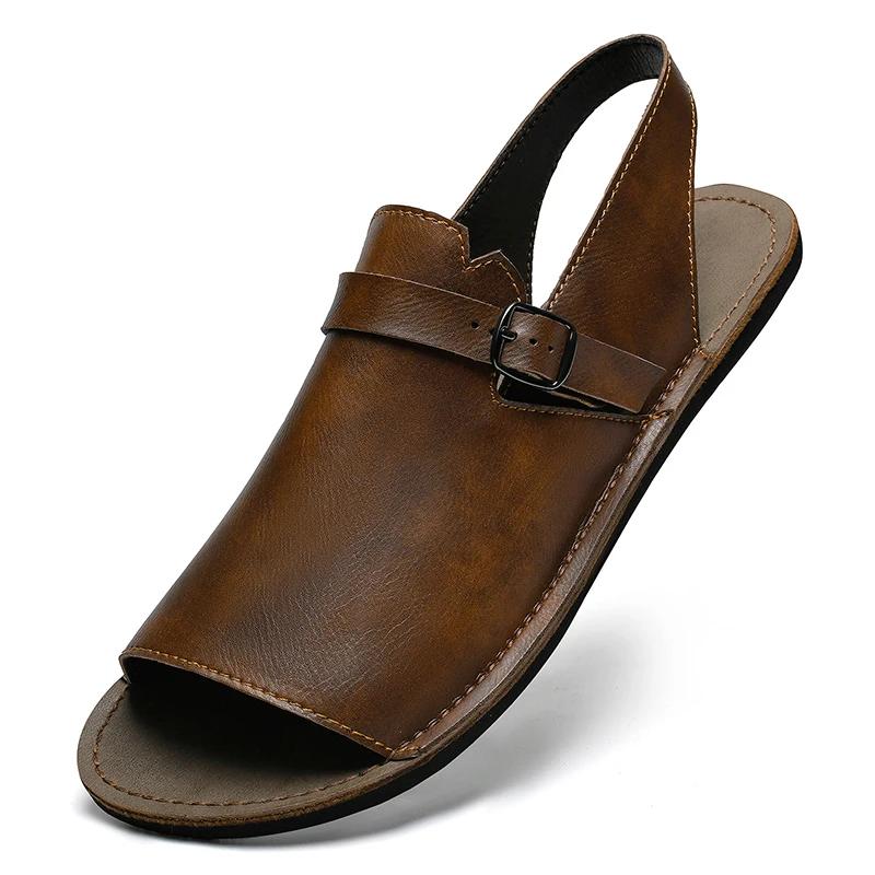 Fashion British Style Casual Leather Outdoor Trekking Hiking Beach Shoes Flat Designer Soft Bottom Sandal Outdoor Antiskid Walking Shoes