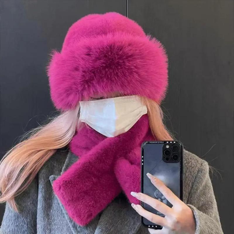 Winter Thickened for Keep Warmth Hat Scarf Two-piece Set Women Windproof Thick Warm Neck Wrap Solid Color Ear Protection Mongolian Hat
