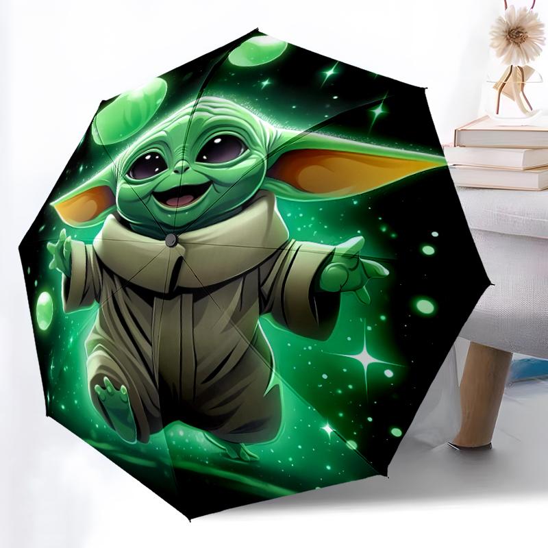 1pc Sturdy 8-Bone Auto Umbrella, Yoda Green Flower Umbrella, Digital Printed, Foldable Umbrella for On-the-Go Outdoor Use