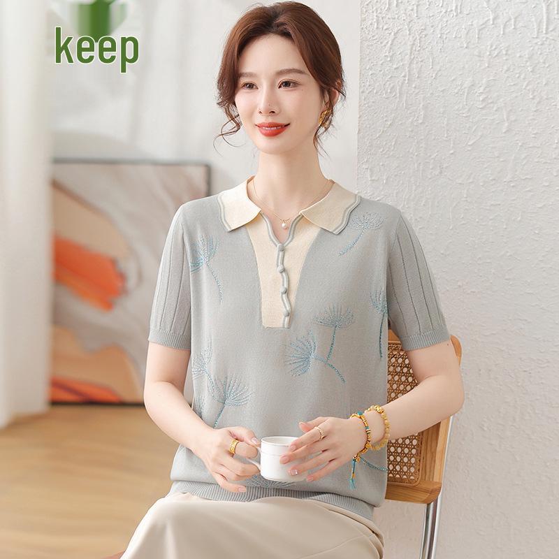 Mother's Day Stylish Ice Silk Short-Sleeve Lapel Blouse for Middle-Aged Women