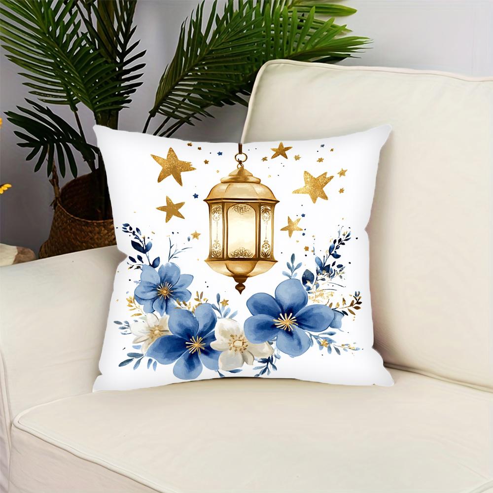 

Ramadan Style Blue and White Floral Pattern Home Decor Pillowcase Living Room Sofa Polyester Cushion Cover with Zipper 16x16Inch