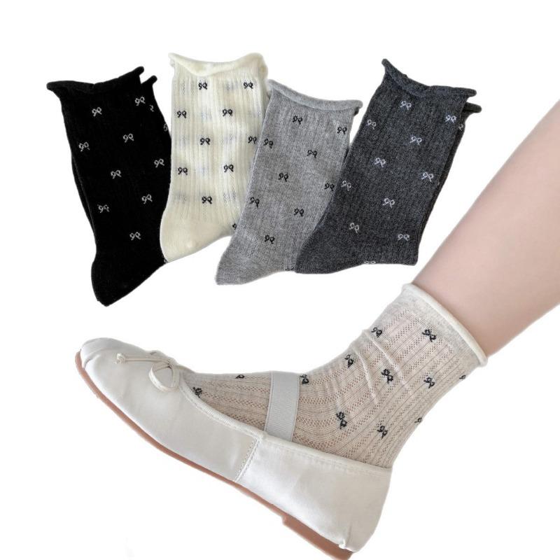 Female Spring and Autumn Thin Fashion New Style Bow Roll Edge In The Tube Stack Socks