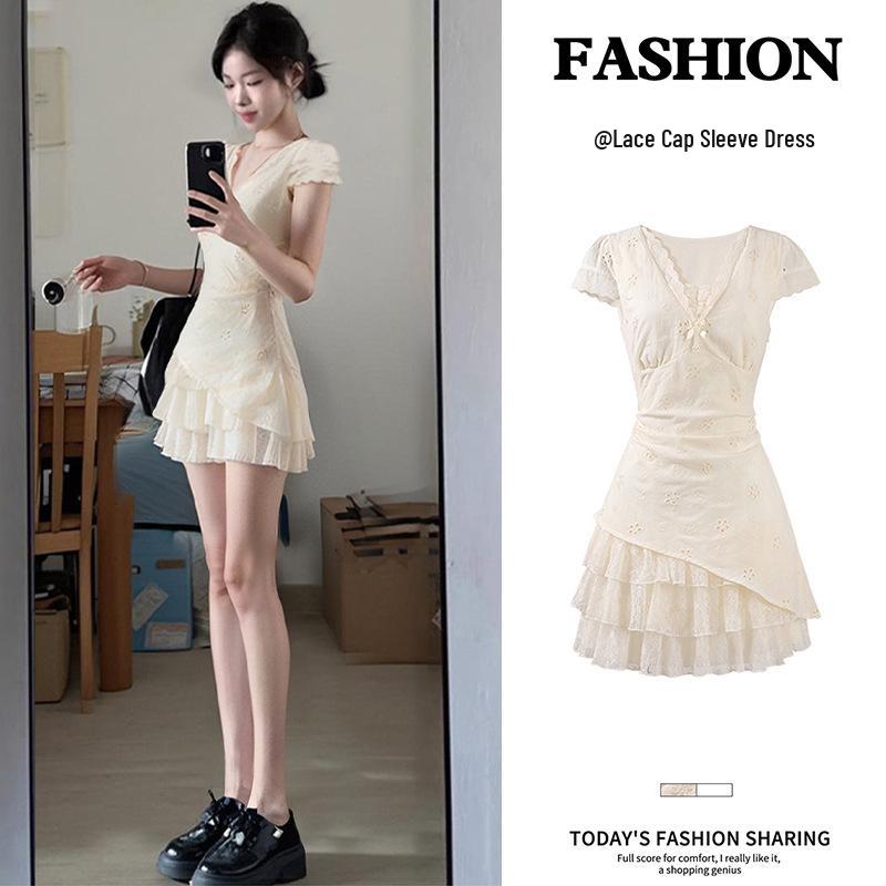 

Летнее белое платье принцессы в стиле Miu: Шикарная короткая юбка с завышенной талией L