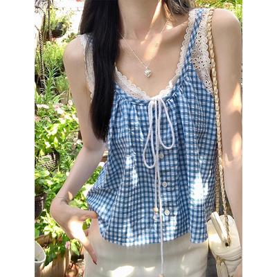 Französisch pastoralen stil gefälschte zwei-stück leibchen frauen sommer neue blau plaid lose und flesh-bedeckende süße kleine top