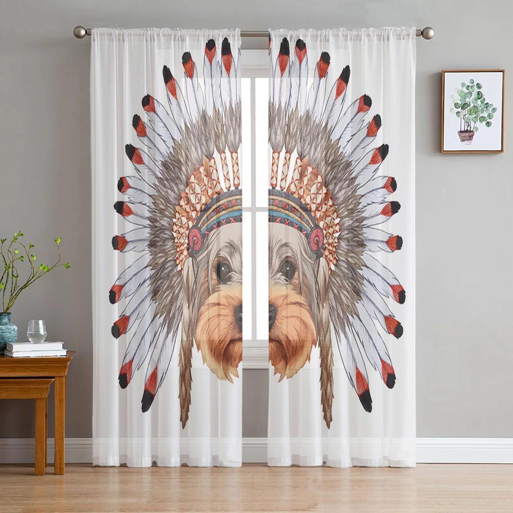 Indian Chief Dog Luxury Tulle Curtains Modern Living Room Kitchen Chiffon Curtain Bedroom Sheer Valance Curtain