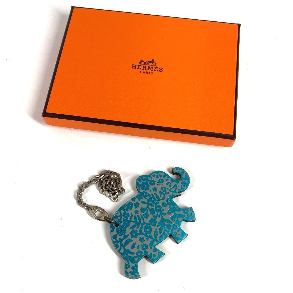 HERMES Animal Chain Bag Charm Key Holder Leather gray/blue
