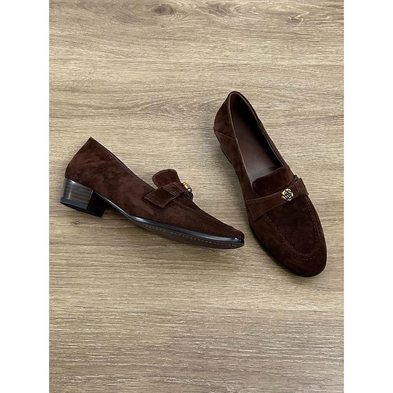 Sheepskin Version~ French Small Leather Shoes Genuine Leather Camellia Loafers Women's Round Head One Pedal Matte Medium Thick Heel Single Shoes