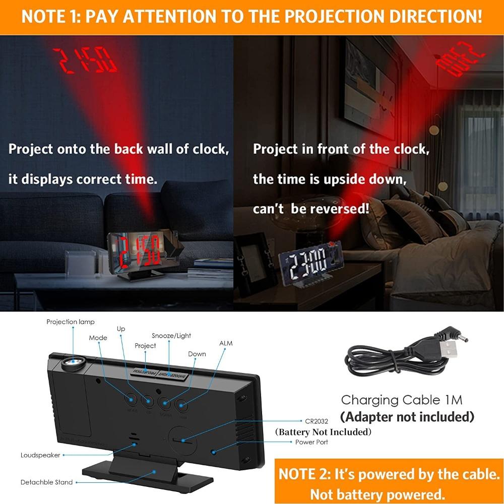 Arm Projection Alarm Clock Time Temperature USB Plug-in Digital Alarm Clock Snooze Table Clock 12/24H Projector LED Clock