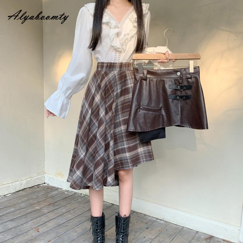 Korean Style Autumn Winter Women Stylish Skirt Black Brown Woolen Plaid Patchwork PU Skirt Elegant Feminine 2 Pcs Skirt