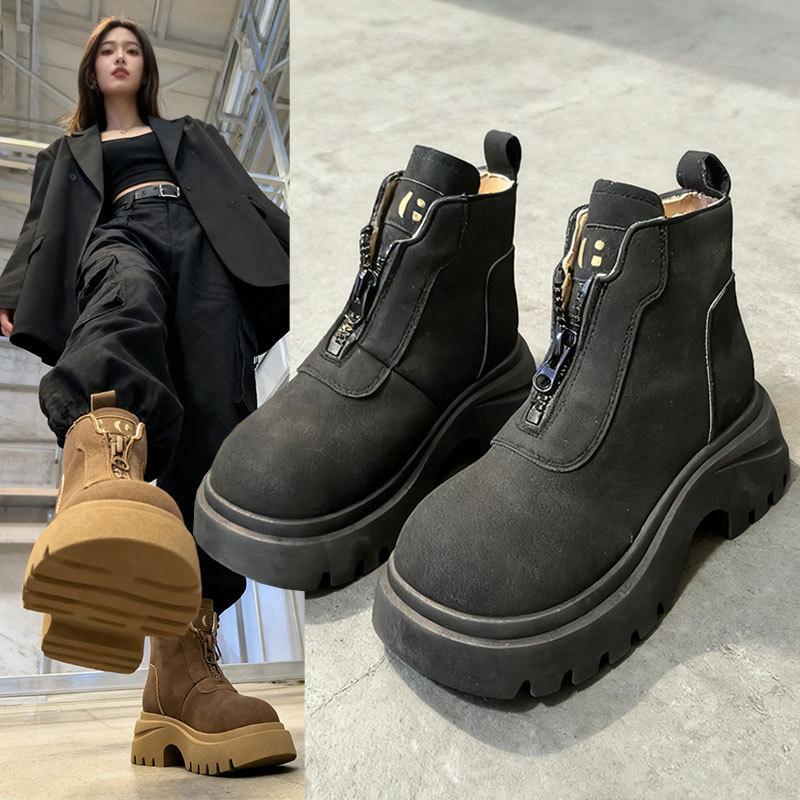 Front Zipper Martin Boots Women's Autumn New Retro Suede Thick-soled Heightening Short Boots Versatile Single Boots