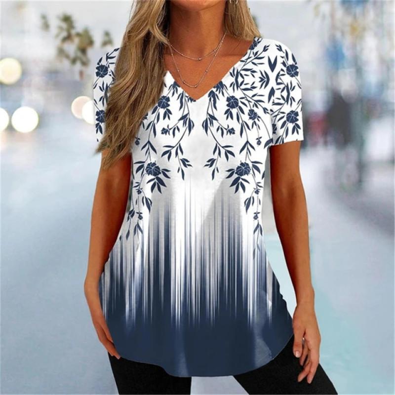 Simple Curve Digital 3D Print Fashion Women Tshirt Pullover Daily Suitable All Seasons Splicing Short Sleeves Polyester V-Neck