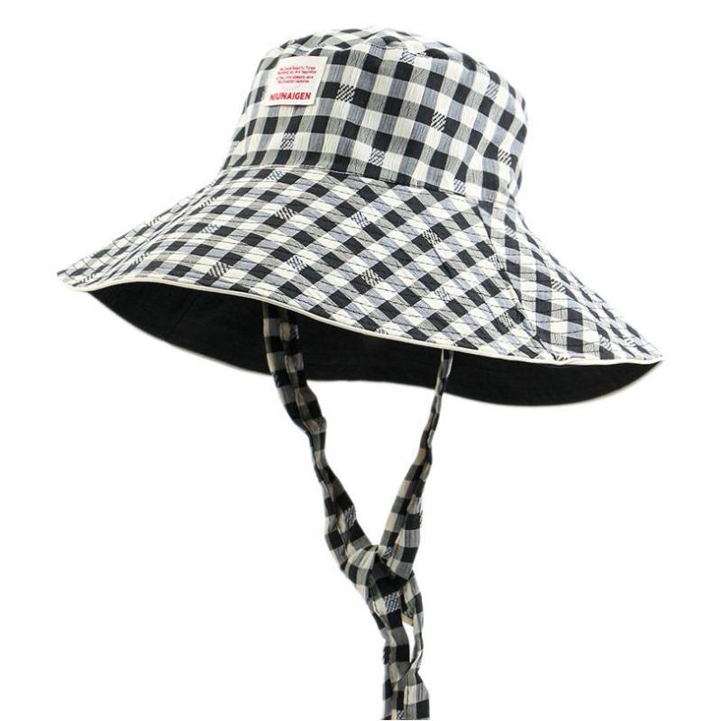 Double-sided Wear Summer Outdoor Sun Hat Travel Lace-up Plaid Bucket Hat Women's Large Brim Foldable Sunshade Basin Hat