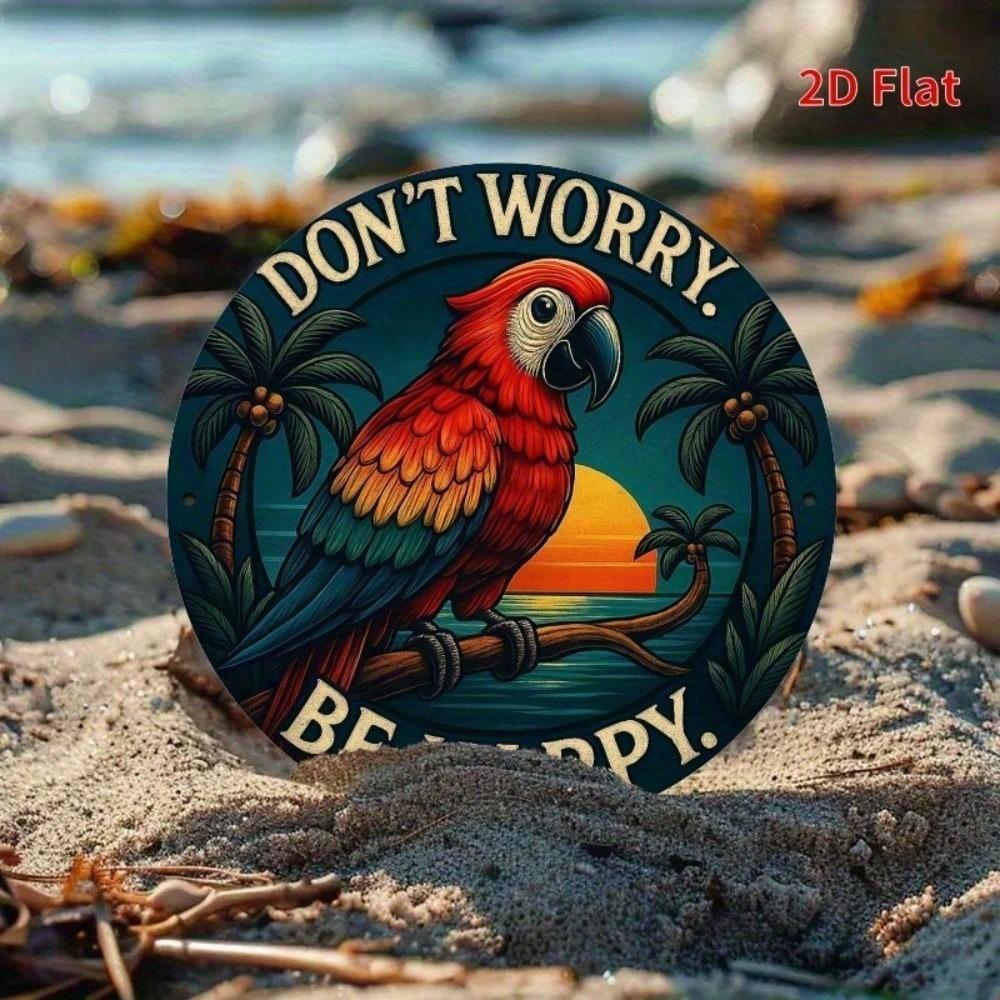 Tropical Parrot Beach Sunset Metal Wall Art 20x20cm Vibrant Cafe Home Decor