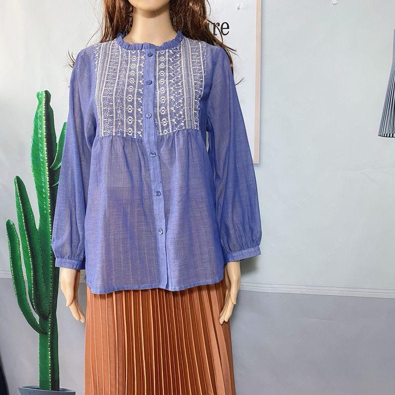 Export Original Order Leftover Stock Mori Women's Ethnic Style Embroider Happy Long Sleeves Shirt Women's Wooden Ear Garden Collar Loose Casual